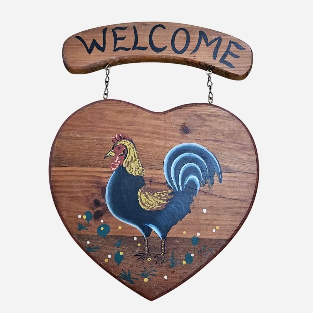 vintage cottagecore farmhouse wooden chicken heart welcome sign